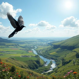 A black and blue bird with a striking silver tail gracefully flying over a stunning, picturesque landscape