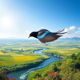 A black and blue bird with a striking silver tail gracefully flying over a stunning, picturesque landscape