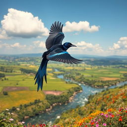 A black and blue bird with a striking silver tail gracefully flying over a stunning, picturesque landscape