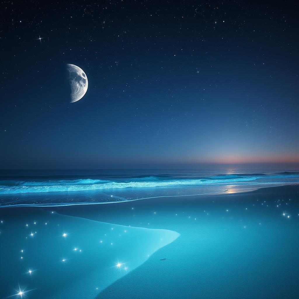 A mesmerizing night beach scene with a starry background featuring planets, stars, and two moons shining brightly