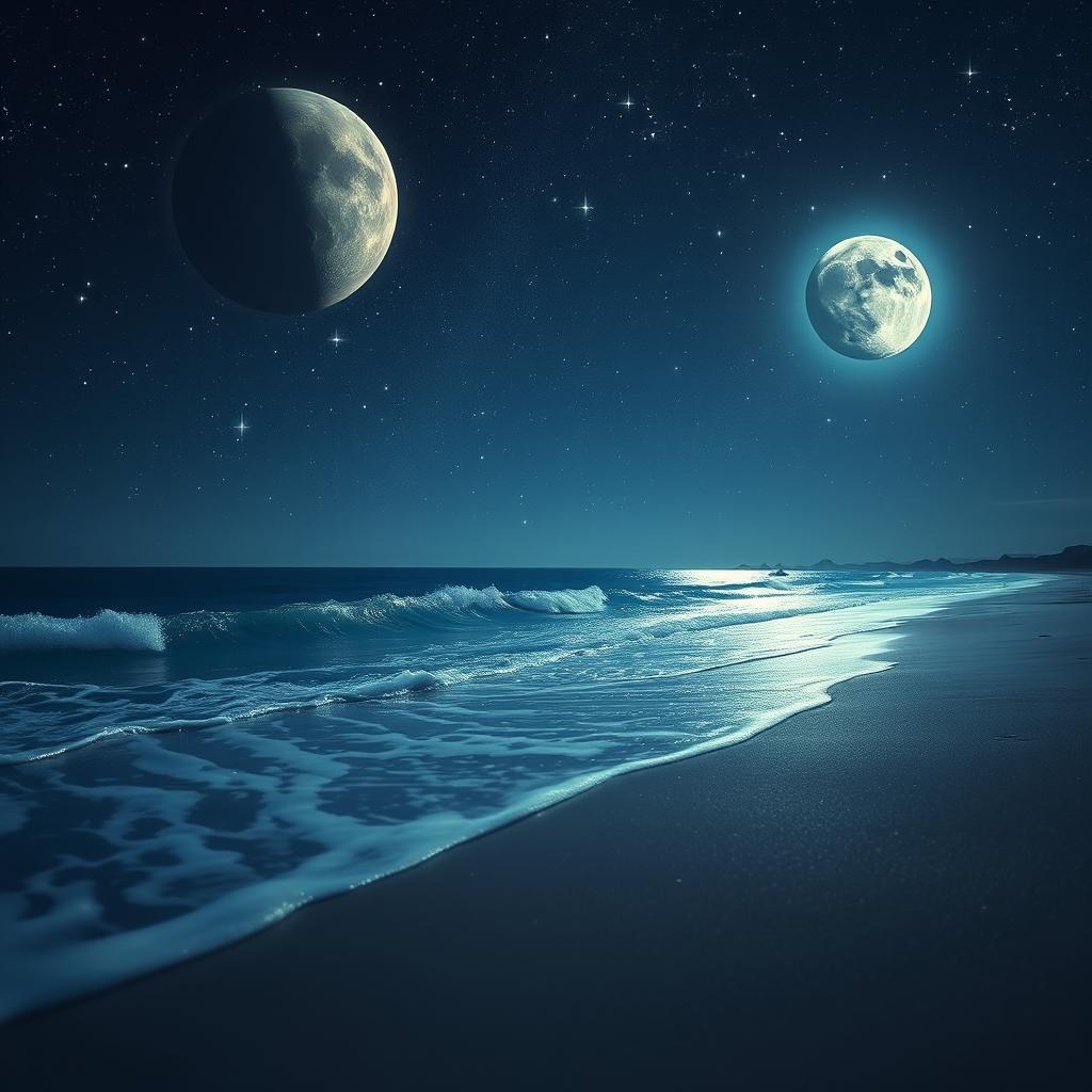 A mesmerizing night beach scene with a starry background featuring planets, stars, and two moons shining brightly