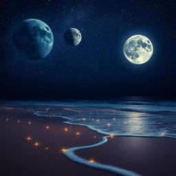 A mesmerizing night beach scene with a starry background featuring planets, stars, and two moons shining brightly