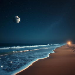 A mesmerizing night beach scene with a starry background featuring planets, stars, and two moons shining brightly