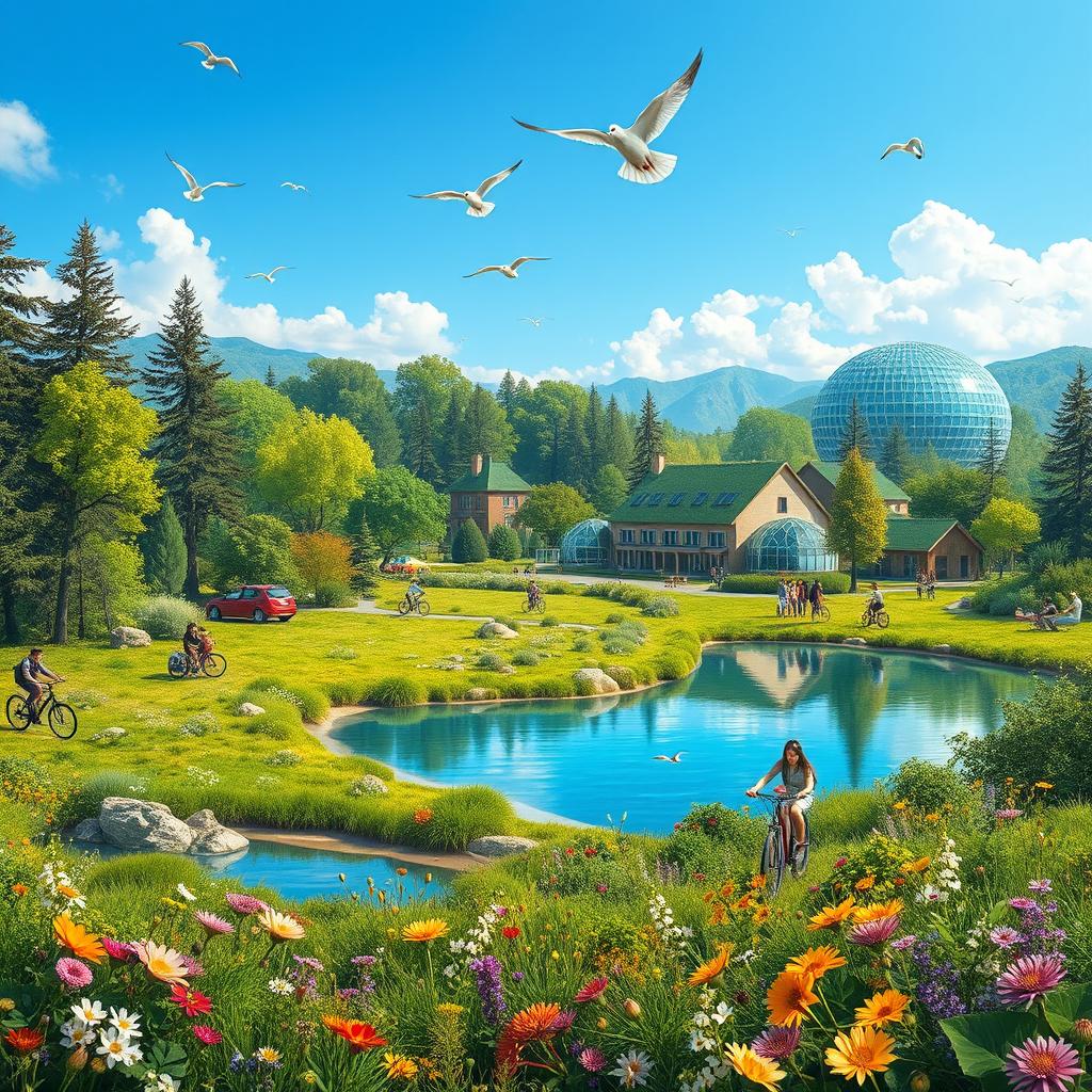 A serene landscape depicting a utopian world where nature thrives in harmony with sustainable architecture