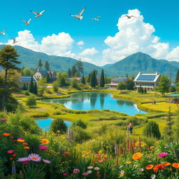 A serene landscape depicting a utopian world where nature thrives in harmony with sustainable architecture