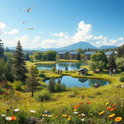 A serene landscape depicting a utopian world where nature thrives in harmony with sustainable architecture