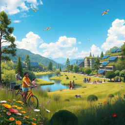 A serene landscape depicting a utopian world where nature thrives in harmony with sustainable architecture