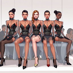 Artistic illustration of a futuristic fashion scene featuring models in avant-garde transparent uniforms