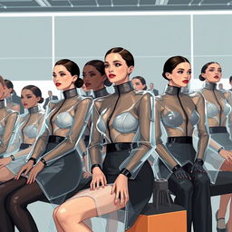 Artistic illustration of a futuristic fashion scene featuring models in avant-garde transparent uniforms