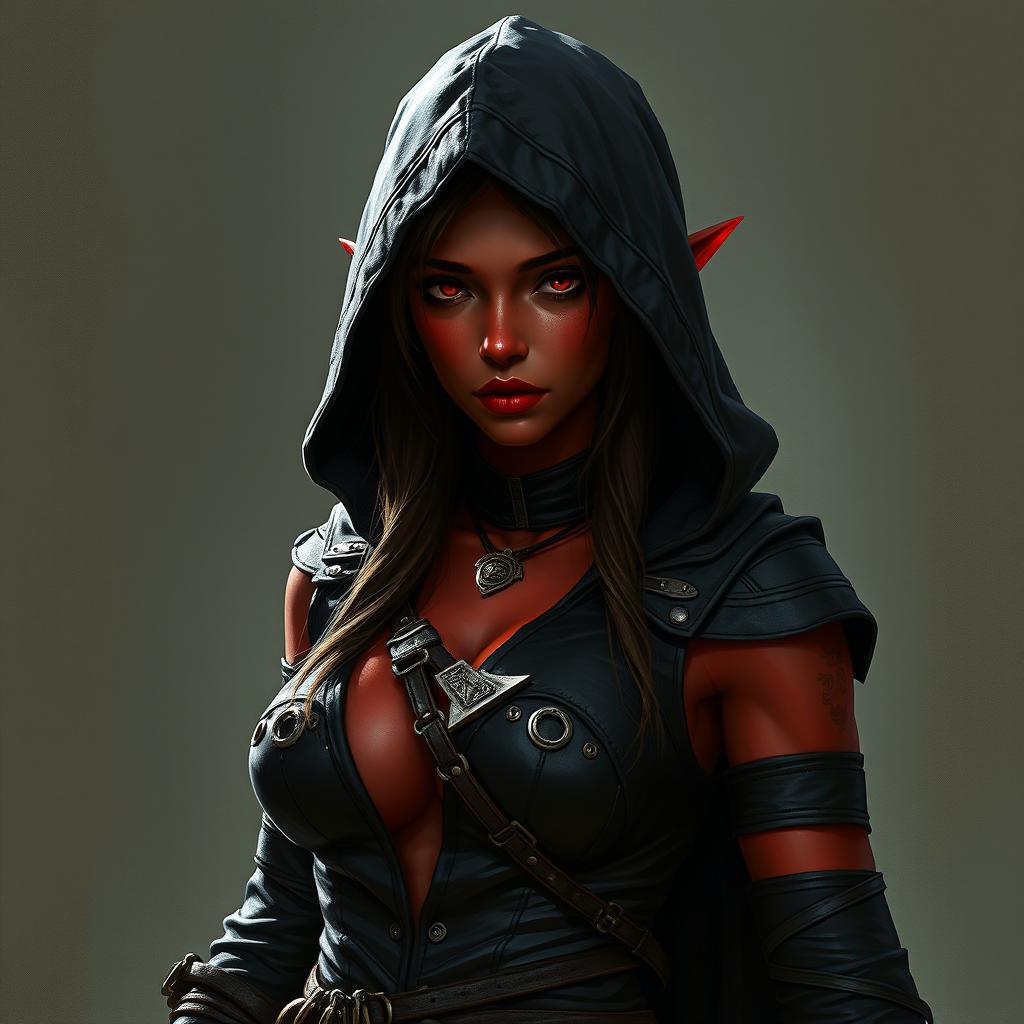 A rogue tiefling woman around 20 years old with striking red skin, captivating and tough demeanor, and beautiful yet sly appearance