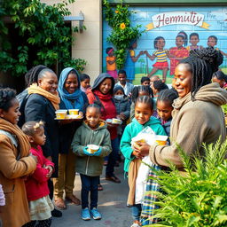 A touching scene of people coming together to help those in need