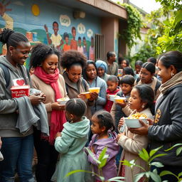 A touching scene of people coming together to help those in need