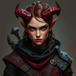 A captivating and fierce Dungeons & Dragons character, a young female tiefling rogue in her 20s with striking red skin and demon-like horns