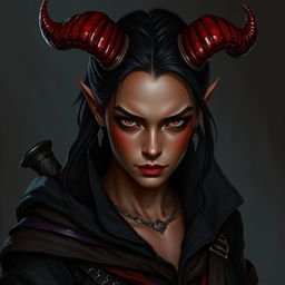 A captivating and fierce Dungeons & Dragons character, a young female tiefling rogue in her 20s with striking red skin and demon-like horns