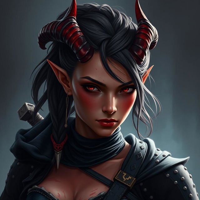 A captivating and fierce Dungeons & Dragons character, a young female tiefling rogue in her 20s with striking red skin and demon-like horns