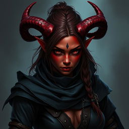 A captivating and fierce Dungeons & Dragons character, a young female tiefling rogue in her 20s with striking red skin and demon-like horns