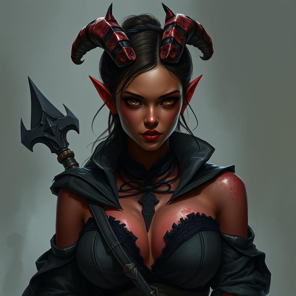 A 20-year-old female tiefling rogue character for Dungeons & Dragons