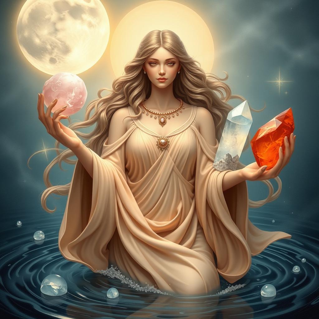 A divine portrayal of the Cancer Goddess, symbolizing the moon and the water sign, elegantly holding a selection of enchanting crystals: a tender pink Rose Quartz emanating love, a mystical Moonstone capturing lunar energy, a translucent Selenite evoking spiritual purity, and a fiery Carnelian full of life force