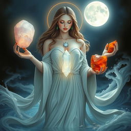 A divine portrayal of the Cancer Goddess, symbolizing the moon and the water sign, elegantly holding a selection of enchanting crystals: a tender pink Rose Quartz emanating love, a mystical Moonstone capturing lunar energy, a translucent Selenite evoking spiritual purity, and a fiery Carnelian full of life force