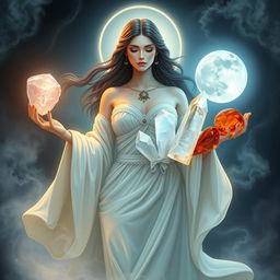 A divine portrayal of the Cancer Goddess, symbolizing the moon and the water sign, elegantly holding a selection of enchanting crystals: a tender pink Rose Quartz emanating love, a mystical Moonstone capturing lunar energy, a translucent Selenite evoking spiritual purity, and a fiery Carnelian full of life force