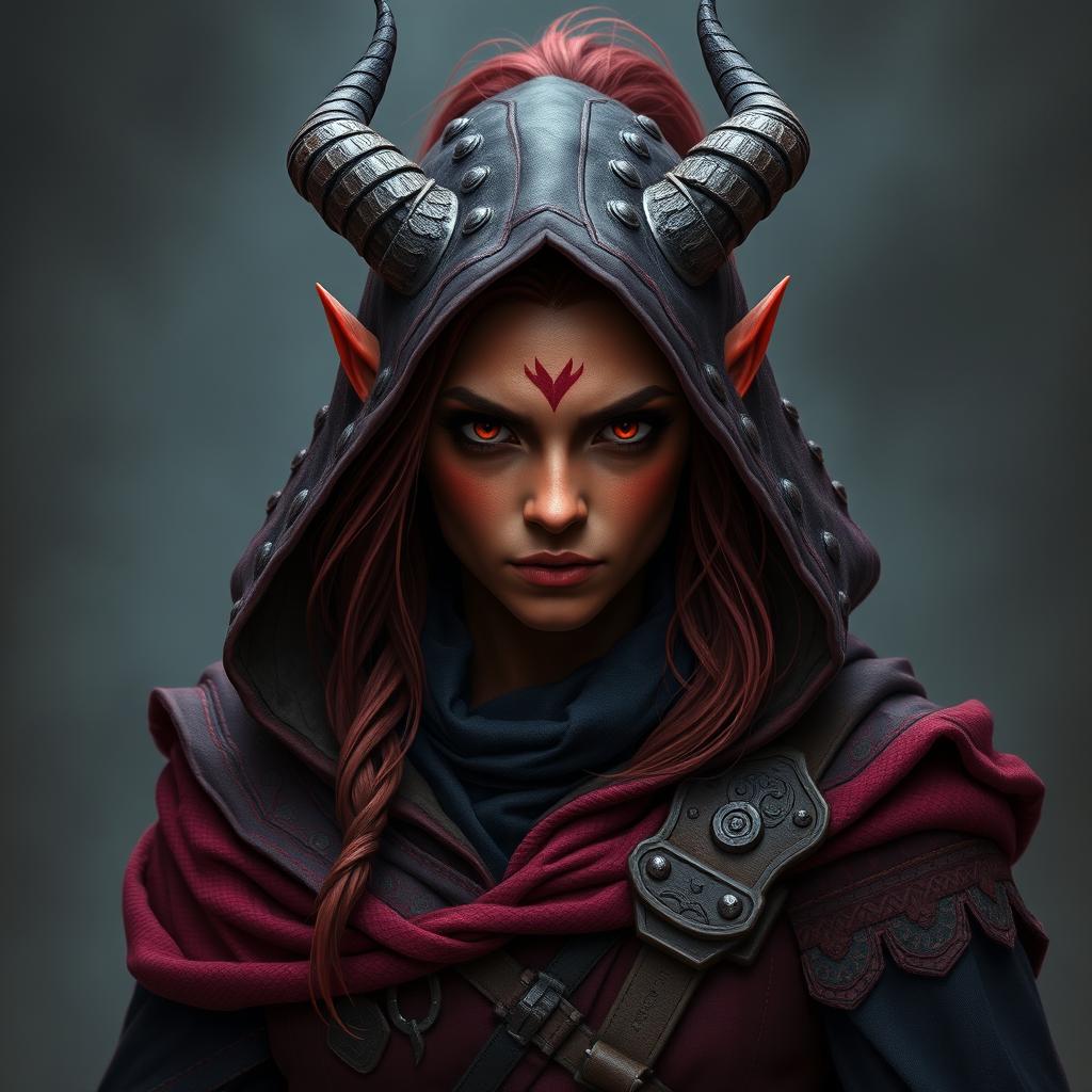 an enchanting 20-year-old female rogue tiefling with vibrant red skin, embodying a perfect blend of beauty and toughness