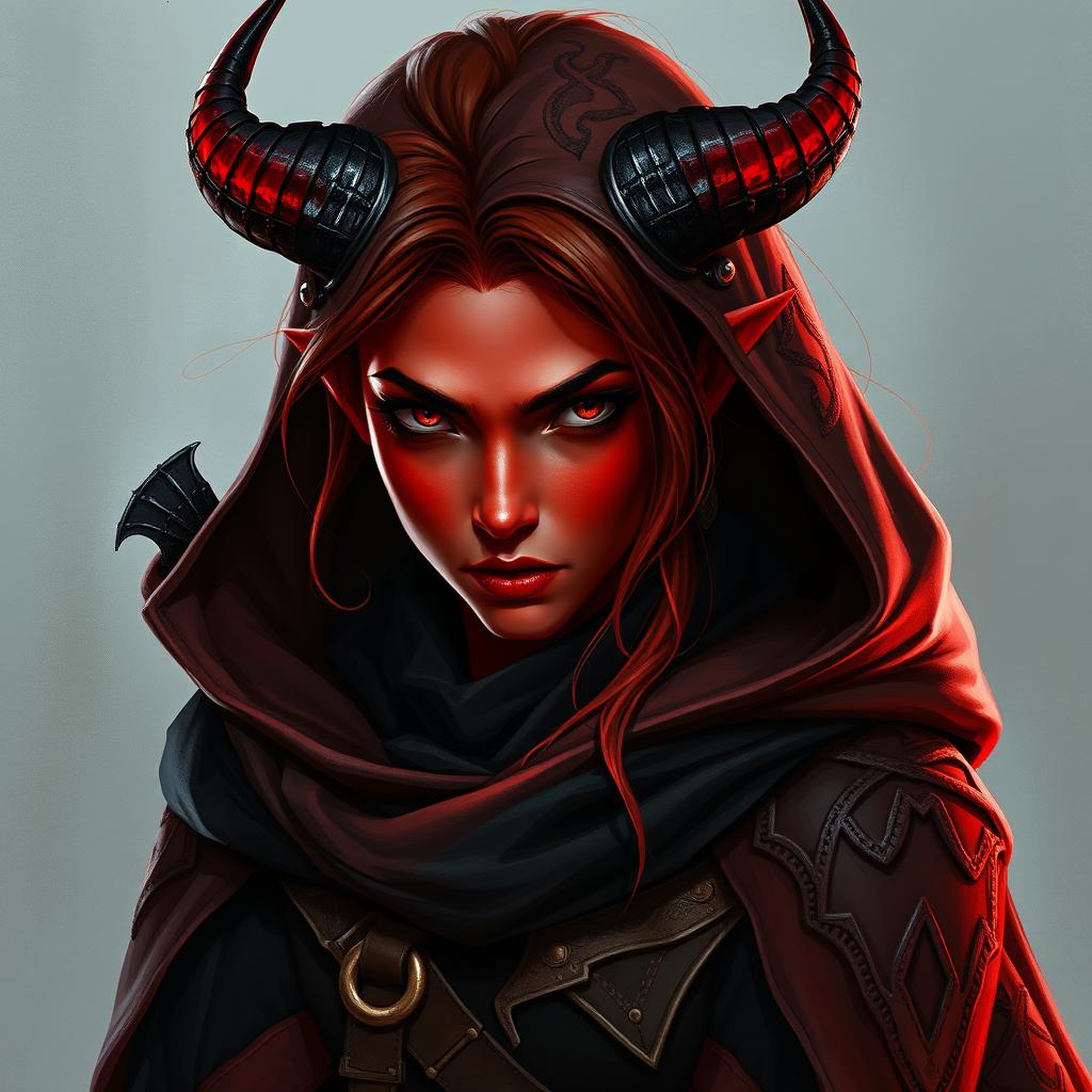 an enchanting 20-year-old female rogue tiefling with vibrant red skin, embodying a perfect blend of beauty and toughness