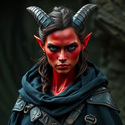 an enchanting 20-year-old female rogue tiefling with vibrant red skin, embodying a perfect blend of beauty and toughness