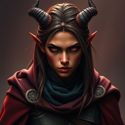 an enchanting 20-year-old female rogue tiefling with vibrant red skin, embodying a perfect blend of beauty and toughness