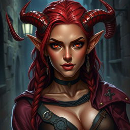 A striking D&D character: a 20-year-old female rogue Tiefling with vibrant red skin