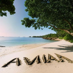 Scenic beach near the blue ocean, with a sprinkling of trees, and the word 'RAMADAN' etched into the sand, enhanced by a heart symbol.