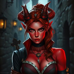 A striking D&D character: a 20-year-old female rogue Tiefling with vibrant red skin