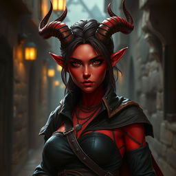 A striking D&D character: a 20-year-old female rogue Tiefling with vibrant red skin