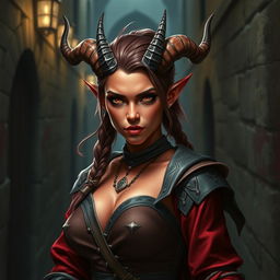 A striking D&D character: a 20-year-old female rogue Tiefling with vibrant red skin