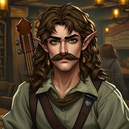 A half-elf male bard with long, slightly curly brown hair and a fancy mustache