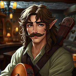 A half-elf male bard with long, slightly curly brown hair and a fancy mustache