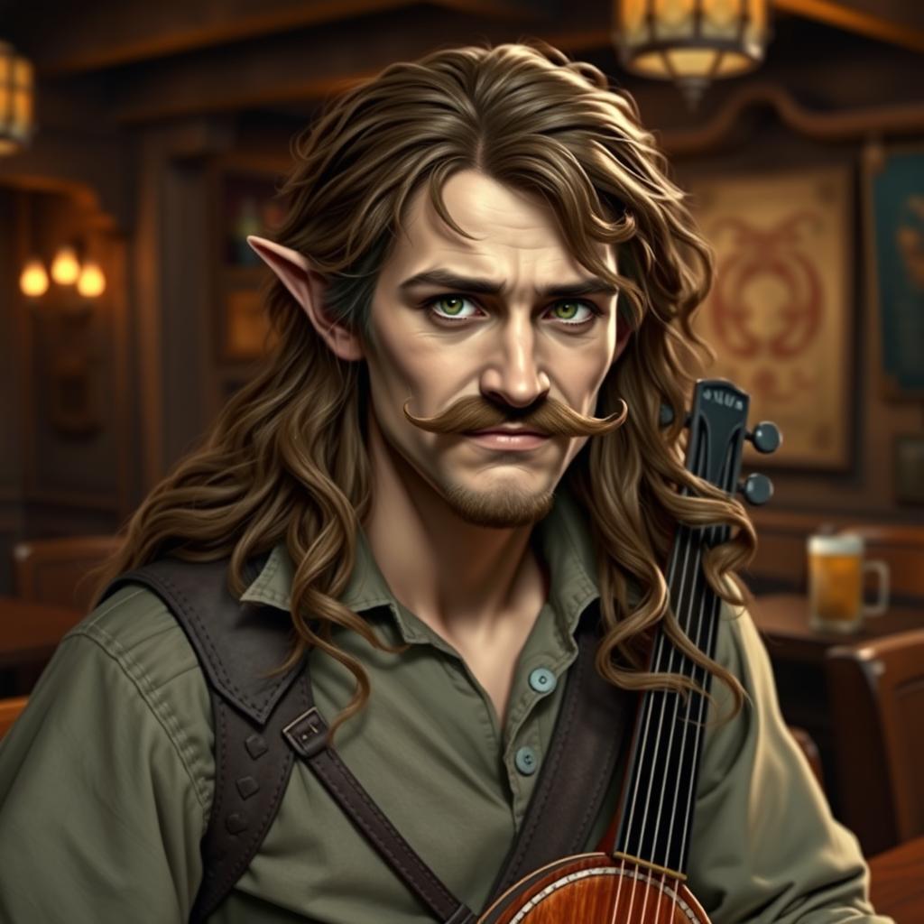 A half-elf male bard with long, slightly curly brown hair and a fancy mustache