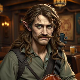 A half-elf male bard with long, slightly curly brown hair and a fancy mustache