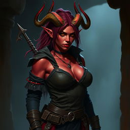 A rogue tiefling woman in her 20s, with striking red skin and a tough, sneaky demeanor