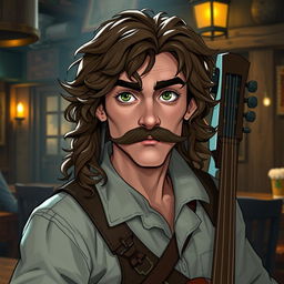 A half-elf male bard with long, slightly curly brown hair and a fancy mustache