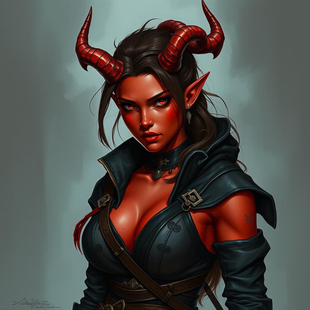 A 20-year-old female rogue tiefling character with striking red skin, possessing pronounced, alluring curves and an aura of beauty and resilience