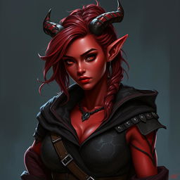 A 20-year-old female rogue tiefling character with striking red skin, possessing pronounced, alluring curves and an aura of beauty and resilience