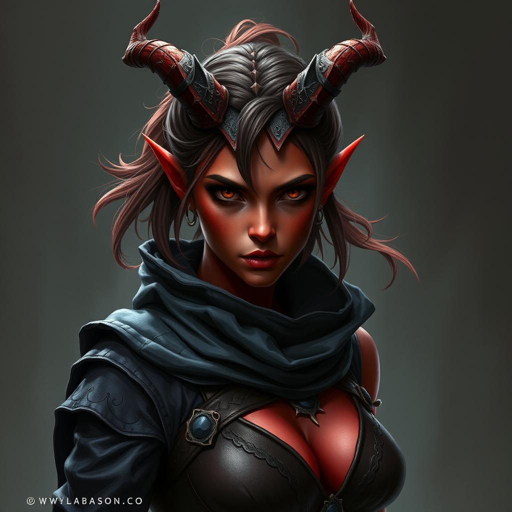 A 20-year-old female rogue tiefling character with striking red skin, possessing pronounced, alluring curves and an aura of beauty and resilience