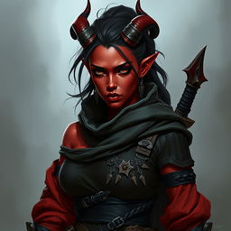 A 20-year-old female rogue tiefling character with striking red skin, possessing pronounced, alluring curves and an aura of beauty and resilience