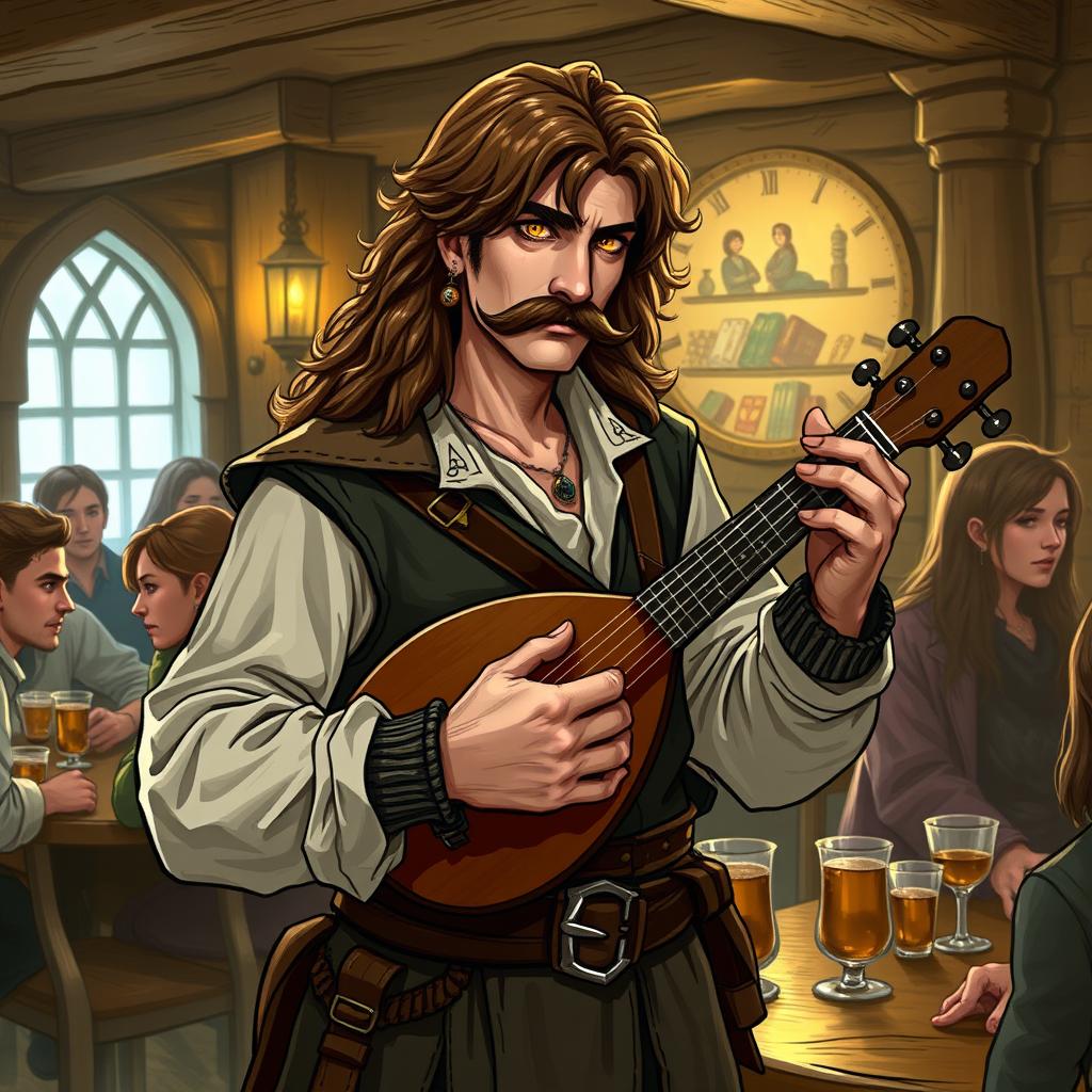 A half-elf male bard with long, slightly curly brown hair and a fancy mustache