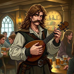 A half-elf male bard with long, slightly curly brown hair and a fancy mustache