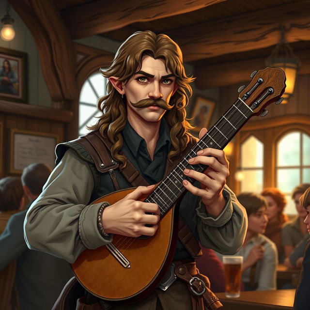 A half-elf male bard with long, slightly curly brown hair and a fancy mustache