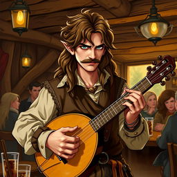 A half-elf male bard with long, slightly curly brown hair and a fancy mustache