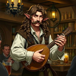 A half-elf male bard with long, slightly curly brown hair and a fancy mustache