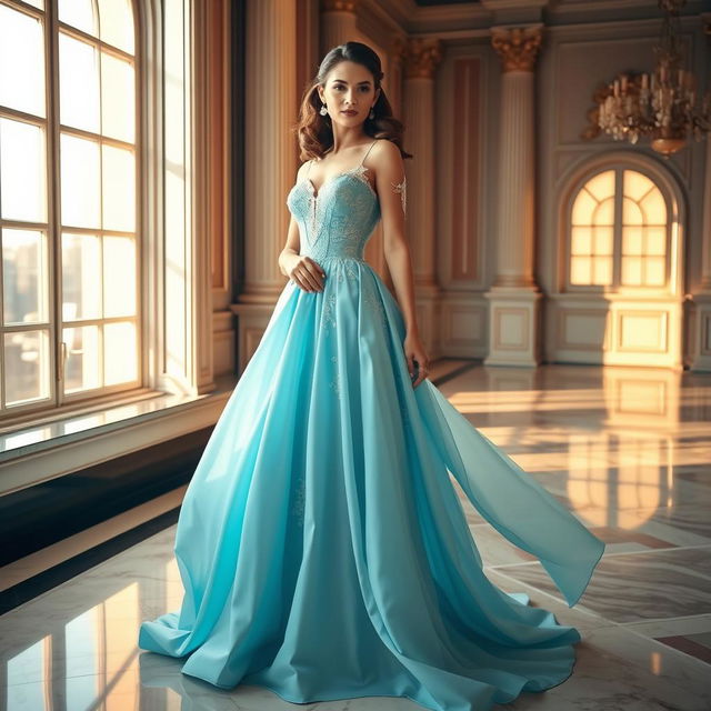 A woman in a beautiful, flowing sky blue gown standing in an elegant pose