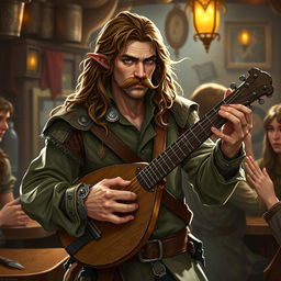 A rugged half-elf male bard with long, slightly curly brown hair and a fancy mustache